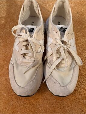 New Balance Ecru and White Suede Sneakers